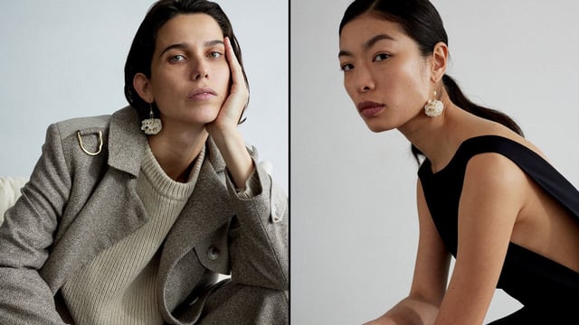 Left: Chanah brown undyed wool trench, £890; Amara Oyster jumper, £390; Perla brown undyed trousers, £390. Right: Tessa black top, £460