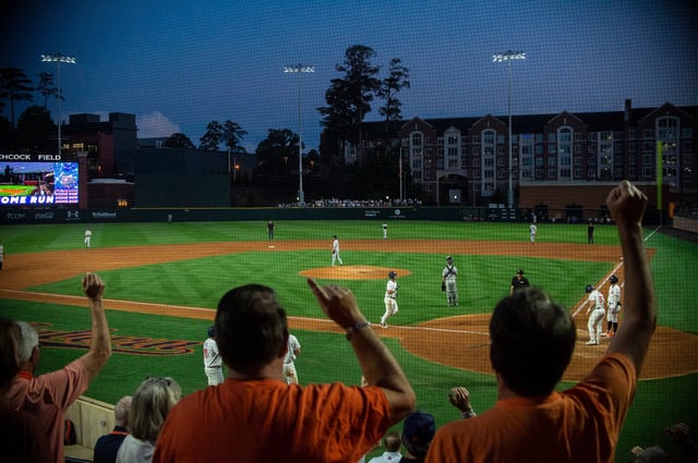 Fans celebrate a home run as the Auburn Tigers take on South Carolina Gamecocks at Plainsman Park in Auburn, Ala., on Thursday, May 8, 2025.