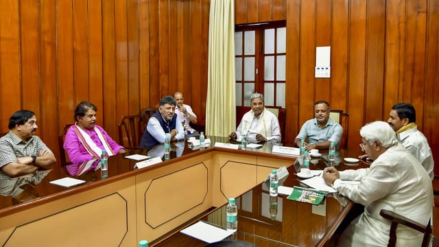 Karnataka Legislative Assembly Speaker U T Khader with Chief Minister Siddaramaiah, Deputy Chief Minister D K Shivakumar, Leader of Opposition R Ashoka, and Law and Parliamentary Affairs Minister H K Patil and others, during a meeting over the 18 suspended BJP MLAs, in Bengaluru.