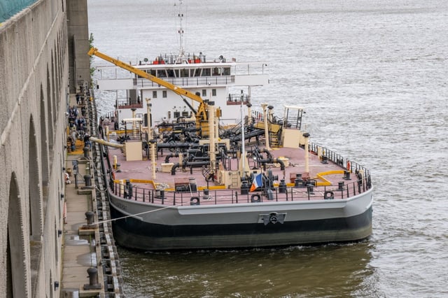 A Methane explosion aboard a Department of Environmental Protection ship docked at their facility in the Hudson River near West 138th Street resulted in the death of a male worker after the blast sent him tumbling off the ship in Manhattan on Saturday May 24, 2025. 1201. (Theodore Parisienne / New York Daily News)