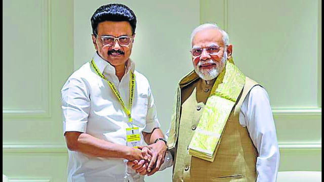 Prime Minister Narendra Modi and Tamil Nadu chief minister MK Stalin in New Delhi on Saturday. (PTI)