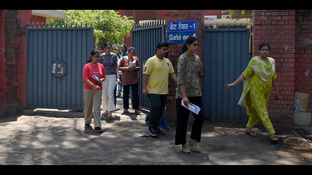 Candidates coming out of the examination centre after giving the UPSC exam in Ludhiana on Sunday. (Manish/HT)