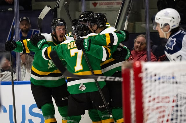 PHOTO COURTESY VINCENT ETHIER/CHL The London Knights celebrate Jacob Julien's third period goal, the eventual game winner, in a 3-1 win Sunday over the 2025 Memorial Cup host Rimouski Oceanic.