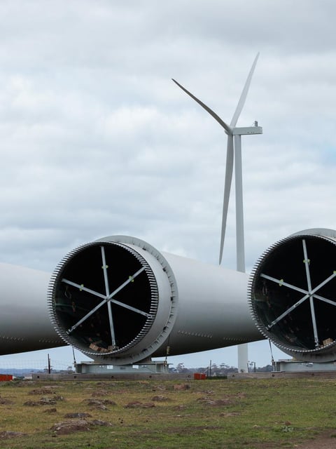 MELBOURNE, AUSTRALIA - NewsWire 11th October 2024. Turbine in the process of construction. 11am Friday the first turbines at Australia's largest (planned) wind farm will spin and will start feeding electricity into Victoria's grid. The farm is Golden Plains Wind Farm in Rokewood. Ikea's investment arm will be announcing they're investing in stage 2 as well. NewsWire/Nadir Kinani