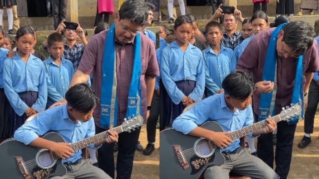 A video showed Meghalaya CM Conrad Sangma guiding a student on guitar.