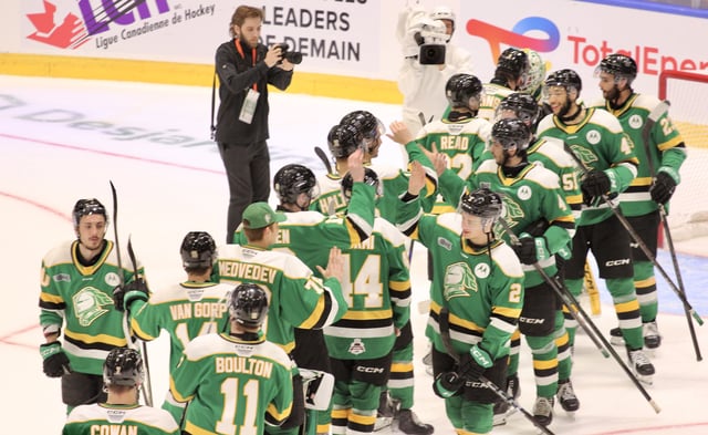 Rimouski, Que. - The London Knights celebrate a 3-1 win over the Rimouski Oceanic in their second game at the 2025 Memorial Cup tournament.