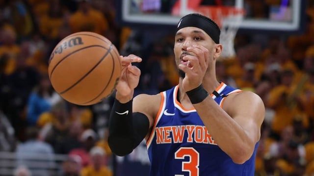 May 25, 2025; Indianapolis, Indiana, USA; New York Knicks guard Josh Hart (3) passes during the second quarter against the Indiana Pacers during game three of the eastern conference finals for the 2025 NBA Playoffs at Gainbridge Fieldhouse. Mandatory Credit: Trevor Ruszkowski-Imagn Images