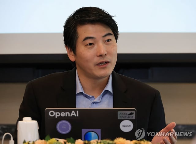 Jason Kwon, chief strategy officer at OpenAI, speaks during a media briefing in Seoul on May 26, 2025. (Yonhap)