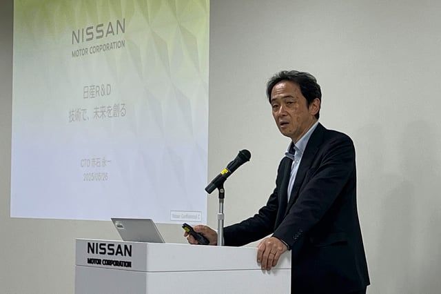 Nissan Chief Technology Officer Eiichi Akashi talks to reporters about their next-generation e-Power technology at the company’s Grandrive facility in Yokosuka, Japan, Monday, May 26, 2025. (AP Photo/Yuri Kageyama)