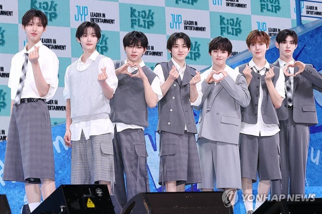 K-pop boy group KickFlip poses for a photo during a media showcase for its second EP, "Kick Out, Flip Now!," in Seoul on May 26, 2025. (Yonhap)