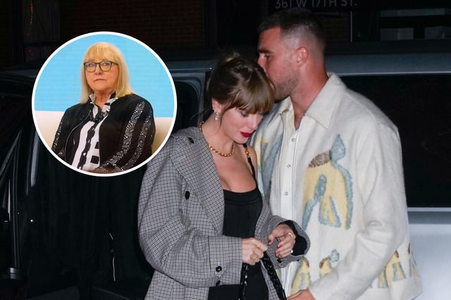Travis Kelce and Taylor Swift arrive at the &#34;SNL&#34; after-party on October 15, 2023 in New York City. In the inset image, Donna Kelce is seen on the &#34;Today&#34; show on October 6, 2023 in New York City.