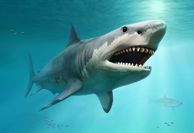 A stock image shows a 3D illustration of the Otodus Megalodon, the largest predatory fish that has ever existed.