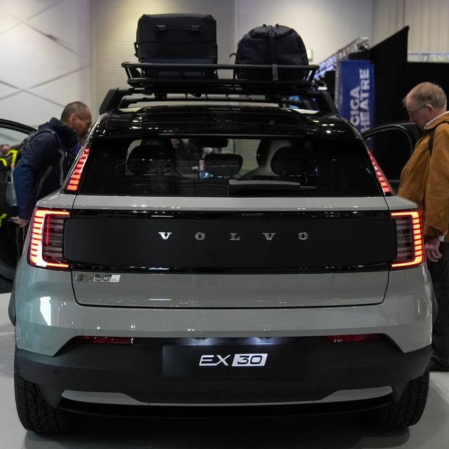 FILE PHOTO: Volvo electric car is being exhibited at the Everything Electric, the Home Energy & Electric Vehicle Show, in London, Britain, April 16, 2025. REUTERS/Maja Smiejkowska/File Photo