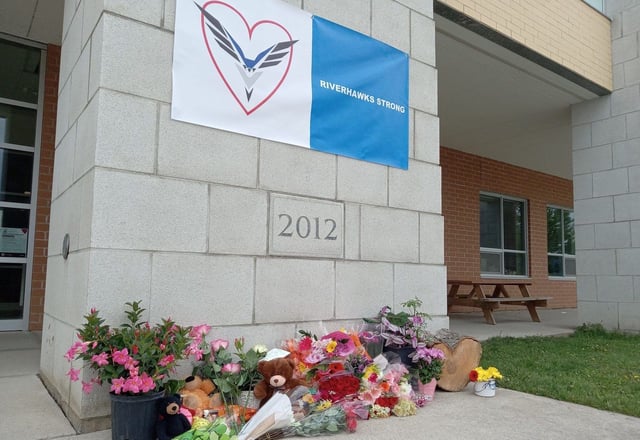  A memorial has been growing outside of Walkerton District Community School since a London-area crash that killed a teacher and four teenage students. Photo taken on Sunday, May 25, 2025. (Rob Gowan/Owen Sound Sun Times)
