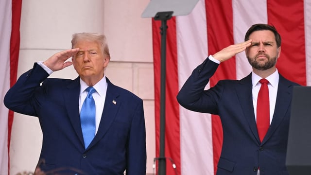 President Trump and JD Vance, the US vice-president, at the tomb of the unknown soldier in Arlington National Cemetery in Virginia on Memorial Day. The US president has soured on President Putin in recent days