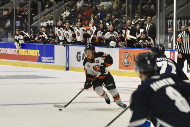 NEWS PHOTO JAMES TUBB Medicine Hat Tigers defenceman Jonas Woo dances the blue line with the puck in the first period of a 5-4 Memorial Cup opening-win Friday over the host Rimouski Oceanic