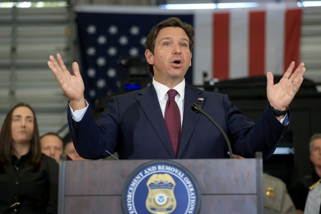 Ron DeSantis speaks during a press conference held at the ICE-Enforcement and Removal Operation office on May 01, 2025 in Miramar, Florida.