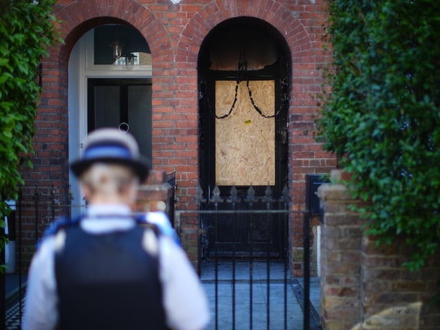 NOTE: FOR REASONS OF SECURITY HOUSE NUMBERS HAVE BEEN BLURRED BY THE PA PICTURE DESK A view of the entrance to Sir Keir Starmer's house in Kentish Town, north London after a suspected arson attack. Emergency services were called to blazes at the doors of two homes in north London within 24 hours of each other - one just after 1.30am on Monday and the other on Sunday - and a 21-year-old man has been arrested over suspected arson attacks on the properties, which are linked to Sir Keir Starmer. Picture date: Tuesday May 13, 2025. (Photo by James Manning/PA Images via Getty Images)