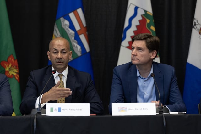 Yukon Premier Ranj Pillai, left, and British Columbia Premier David Eby during a media availability at the 2024 Western Premiers’ Conference in Whitehorse, Monday, June 10, 2024. CANADIAN PRESS/Crystal Schick
