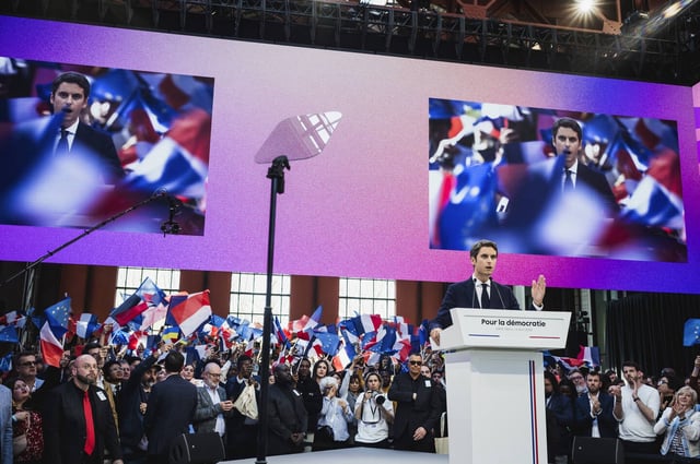 Gabriel Attal lors d'un rassemblement Renaissance, à Saint-Denis le 6 avril 2025.

