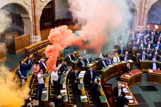 A general view of the Hungarian parliament as it votes on a bill that would ban the Pride march by LGBTQ+ communities and impose fines on organizers and people attending the event in Budapest, Hungary, March 18, 2025. REUTERS/Marton Monus/File Photo