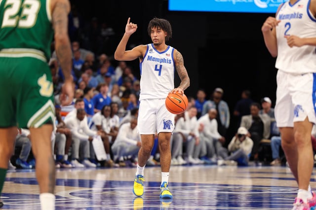 Mar 7, 2025; Memphis, Tennessee, USA; Memphis Tigers guard PJ Haggerty (4) calls a play against the South Florida Bulls during the first half at FedExForum. Mandatory Credit: Wesley Hale-Imagn Images/File Photo