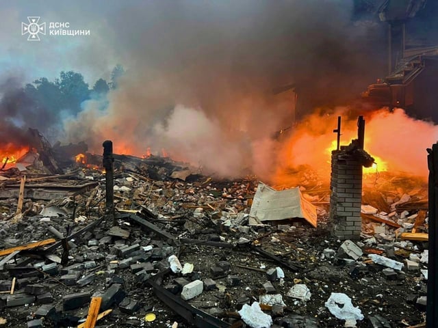In this photo provided by the Ukrainian Emergency Service, private houses are seen ruined after a Russian drones attack in Kyiv region, Ukraine, Sunday, May 25, 2025. (Ukrainian Emergency Service via AP)