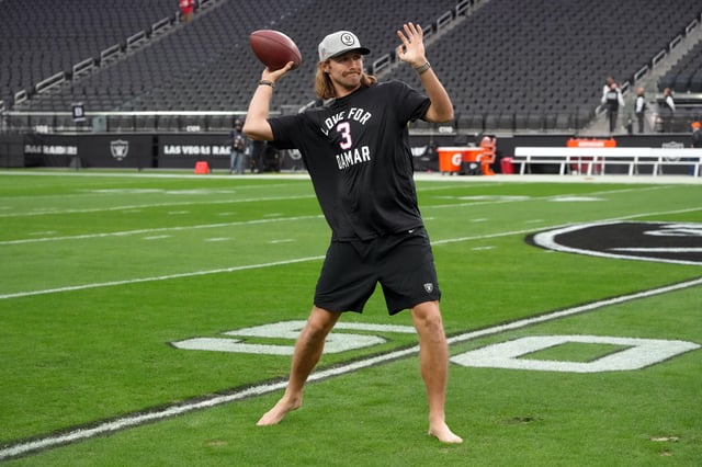 Jan 7, 2023; Paradise, Nevada, USA; Las Vegas Raiders punter AJ Cole wears a shirt that reads "Love for Damar" with the No. 3 in honor of Buffalo Bills safety Damar Hamlin before the game against the Kansas City Chiefs at Allegiant Stadium. Mandatory Credit: Kirby Lee-USA TODAY Sports/File Photo