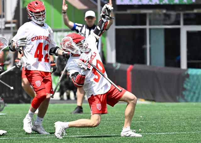 Cornell attack Ryan Goldstein (30) celebrates a goal against the Maryland during the first half of the 2025 NCAA men's lacrosse tournament at Gillette Stadium.