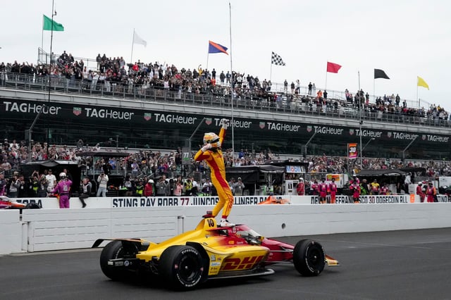 May 25, 2025; Indianapolis, Indiana, USA; Chip Ganassi Racing driver Alex Palou (10) celebrates Sunday, May 25, 2025, after winning the 109th running of the Indianapolis 500 at Indianapolis Motor Speedway. Mandatory Credit: Christine Tannous-USA TODAY Network via Imagn Images