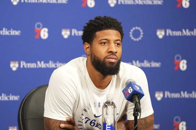 Paul George #8 of the Philadelphia 76ers talks to media prior to the game against the Chicago Bulls at the Wells Fargo Center on April 13, 2025 in Philadelphia, Pennsylvania.