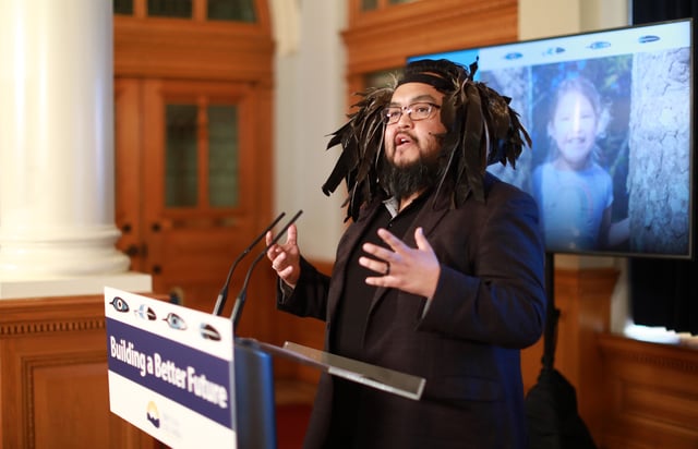 Tsartlip First Nation Chief Don Tom talks during an historic action plan to implement the United Nations Declaration on the rights of Indigenous Peoples during a ceremony in the Hall of Honour at the Legislature, in Victoria, Wednesday, March 30, 2022. 