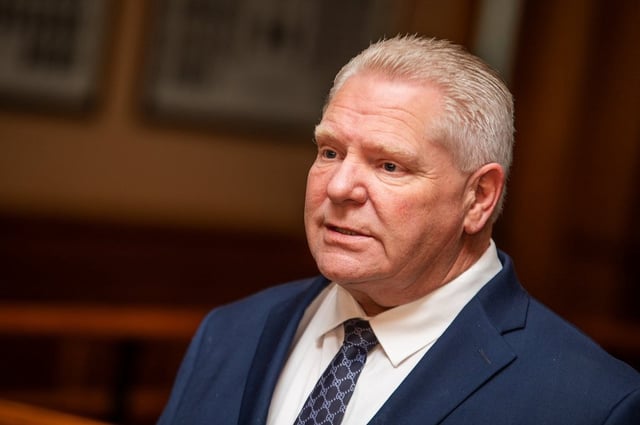 Ontario Premier Doug Ford speaks to media at Queen’s Park in Toronto, on Thursday, April 3, 2025. 