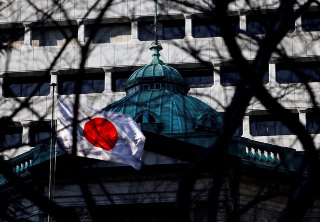 Japanese national flag hoisted atop of the Bank of Japan headquarters is seen through trees in Tokyo, Japan January 23, 2025.  REUTERS/Issei Kato/File Photo