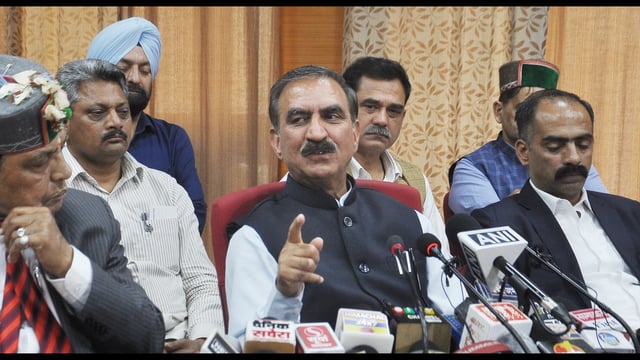 Himachal chief minister Sukhvinder Singh Sukhu addressing the media in Shimla on Monday. (Deepak Sansta/HT)