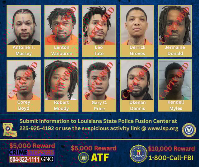 Two escaped inmates remain on the loose after eight others were recaptured from the New Orleans jail break.