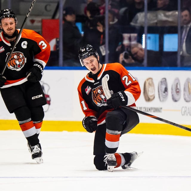 Medicine Hat Tigers' Ryder Ritchie (21) celebrates his goal during second period Memorial Cup hockey action against the Moncton Wildcats, in Rimouski, Que., Monday, May 26, 2025. THE CANADIAN PRESS/Christopher Katsarov