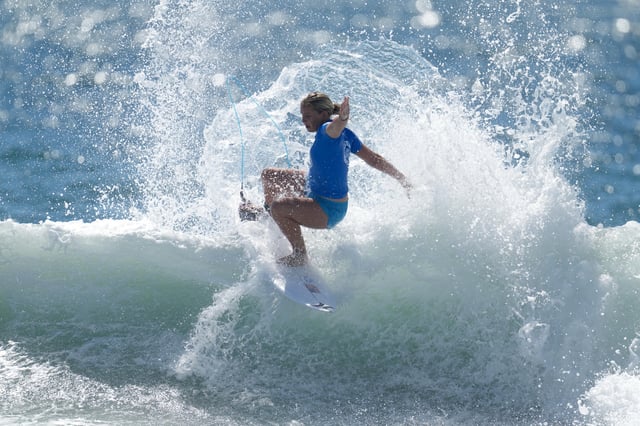Sep 23, 2022; Huntington Beach, California, USA; Gabriela Bryan (USA) competes in the Aloha Cup at the ISA World Surfing Games. Mandatory Credit: Kirby Lee-USA TODAY Sports/File Photo