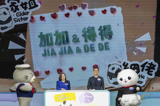 The name of the Hong Kong-born giant panda twin cubs Jia Jia and De De are displayed on the screen as Rosanna Law, secretary for Culture, Sports and Tourism of Hong Kong, left and Paulo Pong, chairman of the Ocean Park attend the naming ceremony in Hong Kong, Tuesday, May 27, 2025. (AP Photo/Chan Long Hei)
