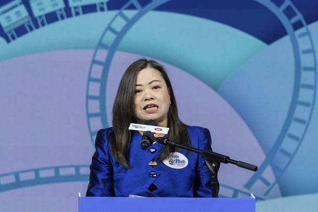 Rosanna Law, secretary for Culture, Sports and Tourism of Hong Kong, speaks during the naming ceremony of the Hong Kong-born giant panda twin cubs Jia Jia and De De in Hong Kong, Tuesday, May 27, 2025. (AP Photo/Chan Long Hei)