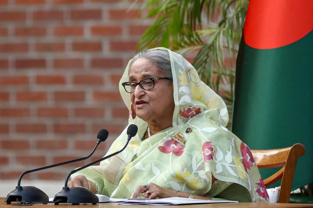 Sheikh Hasina, the newly elected Prime Minister of Bangladesh and Chairperson of Bangladesh Awami League, gspeaks during a meeting with foreign observers and journalists at the Prime Minister's residence in Dhaka, Bangladesh, January 8, 2024. REUTERS/Mohammad Ponir Hossain/File Photo