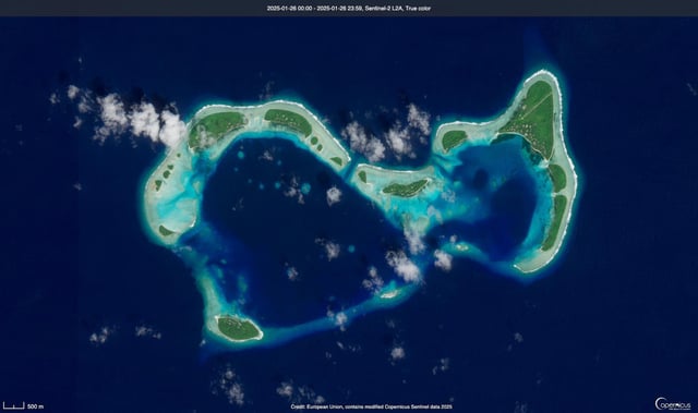 Satellite imagery captured by the European Space Agency&#39;s Sentinel-2 satellites on January 26, 2025, shows Micronesia&#39;s Woleai atoll and its disused airfield in the northeast.