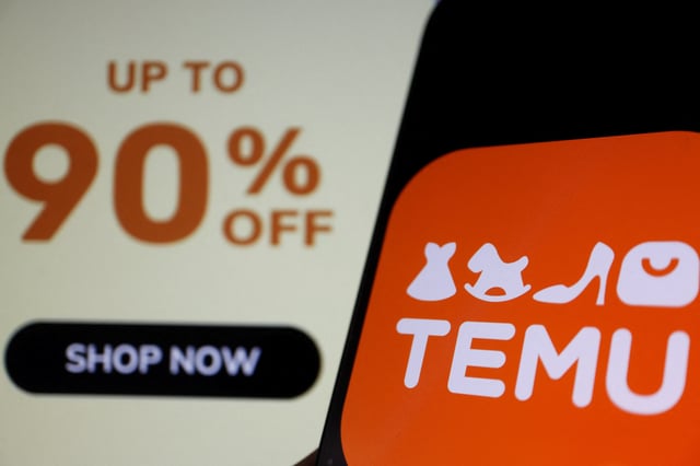 The logo of Temu, an e-commerce platform owned by PDD Holdings, is seen on a mobile phone displayed in front of its website, in this illustration picture taken April 26, 2023. REUTERS/Florence Lo/Illustration/File Photo