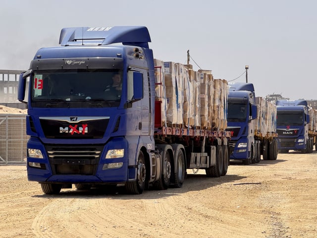 Trucks transport aid as Gaza Humanitarian Foundation said it has commenced operations to begin distribution of aid, in Rafah, in the southern Gaza Strip, May 26, 2025. Gaza Humanitarian Foundation/Handout via REUTER/File Photo