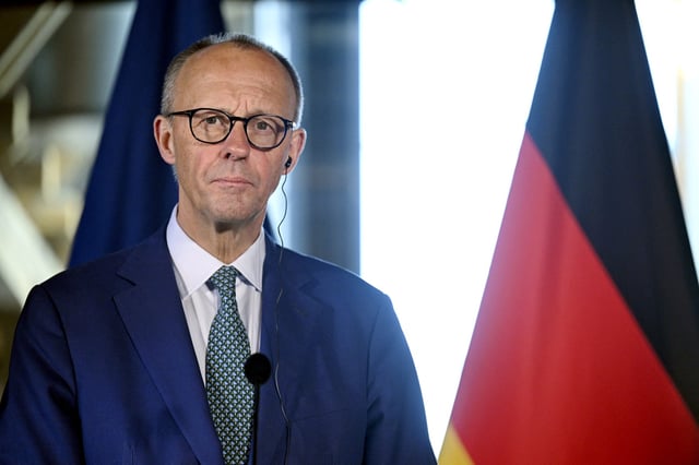 German Chancellor Friedrich Merz attends a joint press conference with Finnish Prime Minister in Turku, Finland, on May 27, 2025. Lehtikuva/Roni Rekomaa via REUTERS/File Photo
