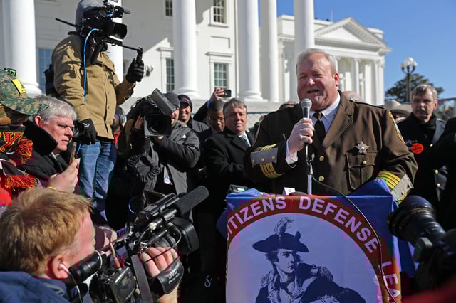 Former Culpeper County, Virginia, Sheriff Scott Jenkins, shown January 20, 2020 in Richmond, Virginia, was convicted in a $75,000 "cash for badges scheme." President Donald Trump pardoned Jenkins on May 26, 2025.