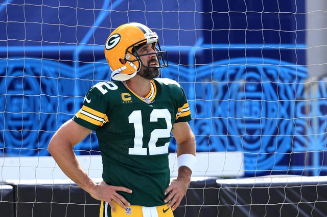 Aaron Rodgers #12 of the Green Bay Packers looks on prior to the game against the New Orleans Saints at TIAA Bank Field on September 12, 2021 in Jacksonville, Florida.