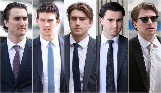 A composite image of five photographs show former members of Canada's 2018 World Juniors hockey team, left to right, Alex Formenton, Cal Foote, Michael McLeod, Dillon Dube and Carter Hart as they individually arrived to court in London, Ont., Wednesday, April 30, 2025. THE CANADIAN PRESS/Nicole Osborne