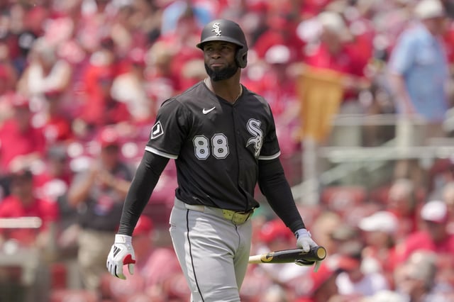 CINCINNATI, OHIO - MAY 15: Luis Robert Jr. #88 of the Chicago White Sox walks back to the dugout after striking out in the first inning against the Cincinnati Reds at Great American Ball Park on May 15, 2025 in Cincinnati, Ohio.