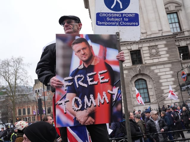 Tommy Robinson supporters during a protest in central London. Robinson, whose real name Stephen Yaxley-Lennon, is in solitary confinement in prison after committing contempt of court. Picture date: Saturday February 1, 2025. (Photo by Lucy North/PA Images via Getty Images)